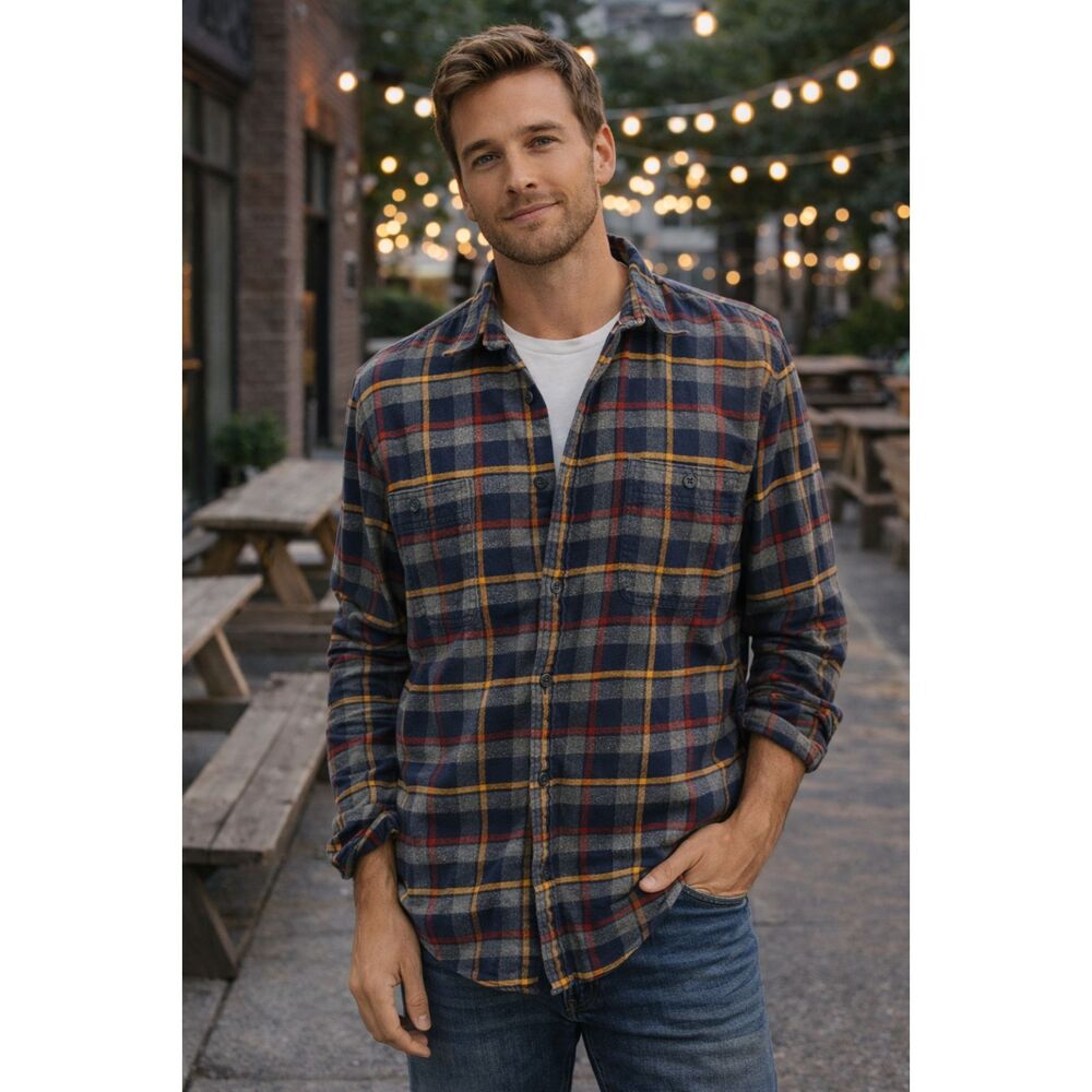 J.Crew Mercantile Flannel Button Front Shirt XL Grey Yellow Blue Plaid